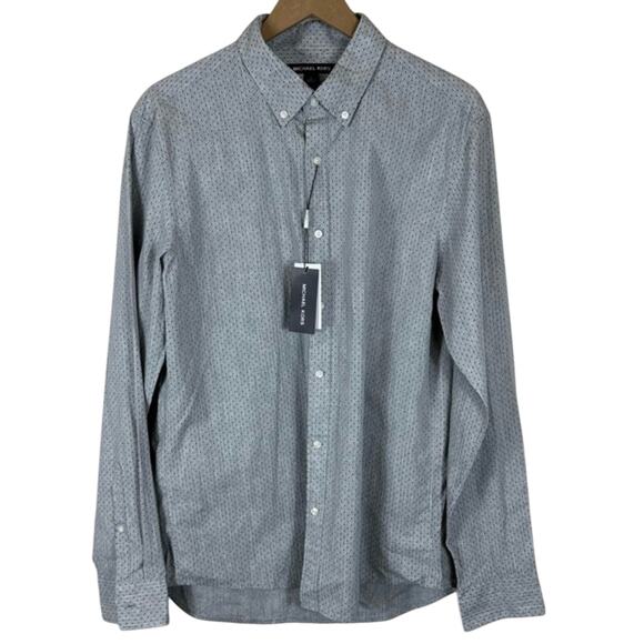 NWT Michael Kors Button Shirt Mens L Gray Dot Slim Fit 100% Cotton Work Preppy - Picture 1 of 5